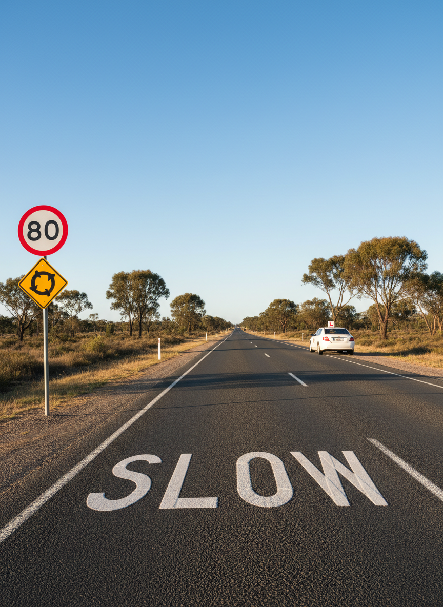 A straight, open stretch of well-maintained asphalt road on the edge of an Australian town, bordered by low scrub and distant eucalyptus trees under a clear blue sky. Bright yet soft late-morning sunlight casts minimal shadows, revealing clearly visible road signage: a reflective speed limit sign, an upcoming roundabout warning, and a large, freshly painted “SLOW” marking on the road surface. In the distance, a small white training car with an “L” plate on its rear is parked safely on the shoulder, slightly out of focus. Photographic realism, shot from a low roadside angle with strong depth of field in the foreground, creating a confident, expansive, and safety-oriented atmosphere without any people present.
