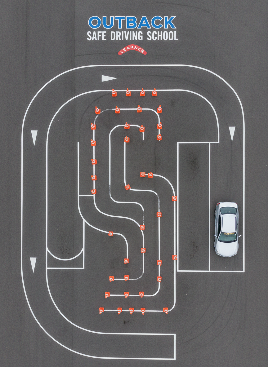 A detailed overhead view of a driving practice lot marked with bright orange traffic cones arranged in a precise slalom pattern, a parallel parking bay, and a three-point turn area, all painted with crisp white boundary lines. A silver learner vehicle is parked neatly within the designated bay, perfectly centered between guidelines. Soft overcast daylight provides even, shadow-free illumination, enhancing visibility of every line and cone. Photographic realism, captured from a high, almost bird’s-eye perspective with sharp focus throughout. The mood is structured, methodical, and professional, showcasing the organized training environment of Outback Safe Driving School, with no human figures or instructors visible anywhere in the scene.