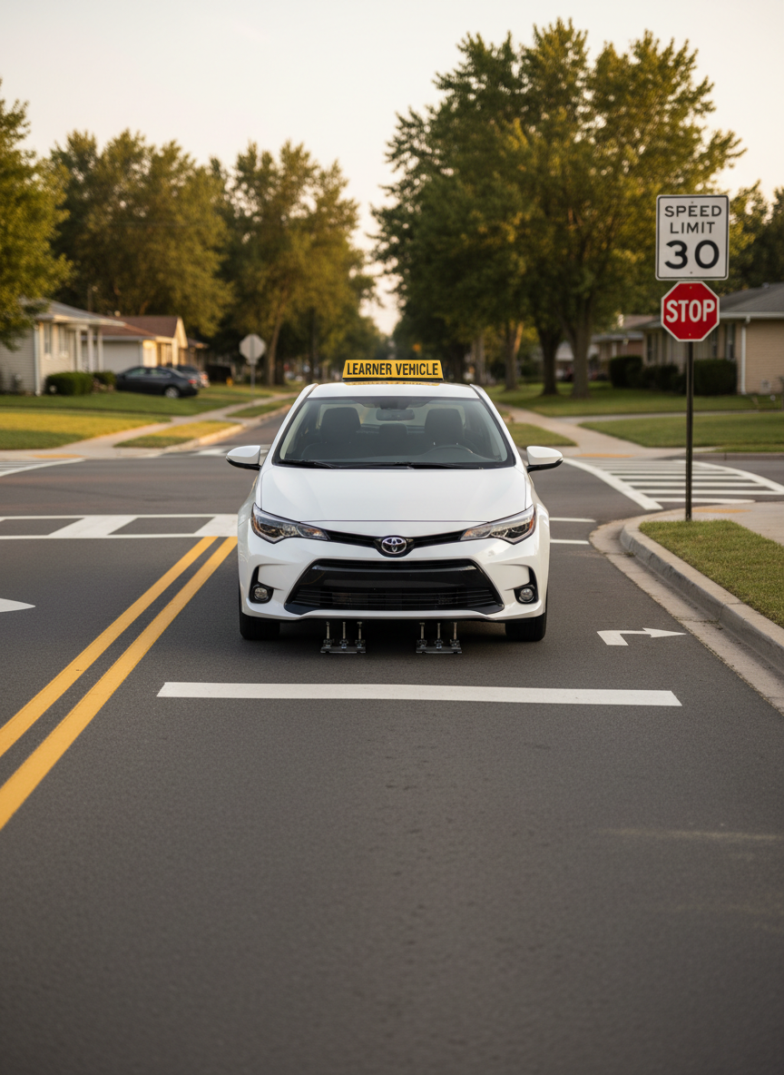 A late-model white compact sedan with dual control pedals is parked at an empty suburban intersection, perfectly aligned behind a crisp white stop line. Freshly painted lane markings, a clearly visible speed limit sign, and a prominent “Learner Vehicle” magnetic sign on the car’s rear are in sharp focus. Soft afternoon sunlight filters through scattered clouds, creating gentle reflections on the car’s clean bodywork and windshield. The background shows slightly blurred houses, trees, and a well-maintained road, emphasizing safety and order. Photographic realism, shot at eye level with a moderate depth of field, conveys a professional, trustworthy driving school environment focused on calm, confident learning without any visible drivers or pedestrians.