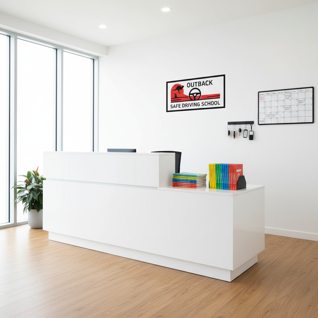 A modern driving school office reception area with a sleek white desk, a neatly framed “Outback Safe Driving School” logo on the wall, and a tidy stack of colorful learner handbooks arranged with precision. A set of labeled car keys hangs on a minimalist key rack, next to a wall-mounted schedule board filled with clearly organized lesson times. Natural daylight pours in from a large window, creating soft, even illumination and subtle shadows on the smooth laminate flooring. Photographic realism, wide-angle composition with sharp focus throughout, clean lines, and a professional, organized mood that communicates reliability and attention to detail, with no people present anywhere in the space.