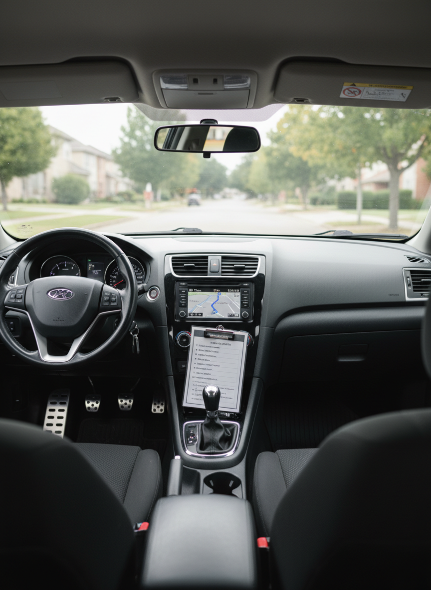 The interior of a dual-control training vehicle, captured from the back seat in photographic realism. The dashboard is immaculate, with a clearly visible second set of instructor pedals on the passenger side, a mounted GPS set to a suburban route, and a laminated “Safe Driving Checklist” clipped neatly near the center console. Soft, diffused daylight enters through the side windows, creating gentle highlights on the textured black upholstery and matte-finish dashboard. The steering wheel and instrument cluster are in crisp focus, while the street scene outside is softly blurred, suggesting motion. The mood is calm, controlled, and highly professional, emphasizing safety-focused instruction without any occupants in the car.