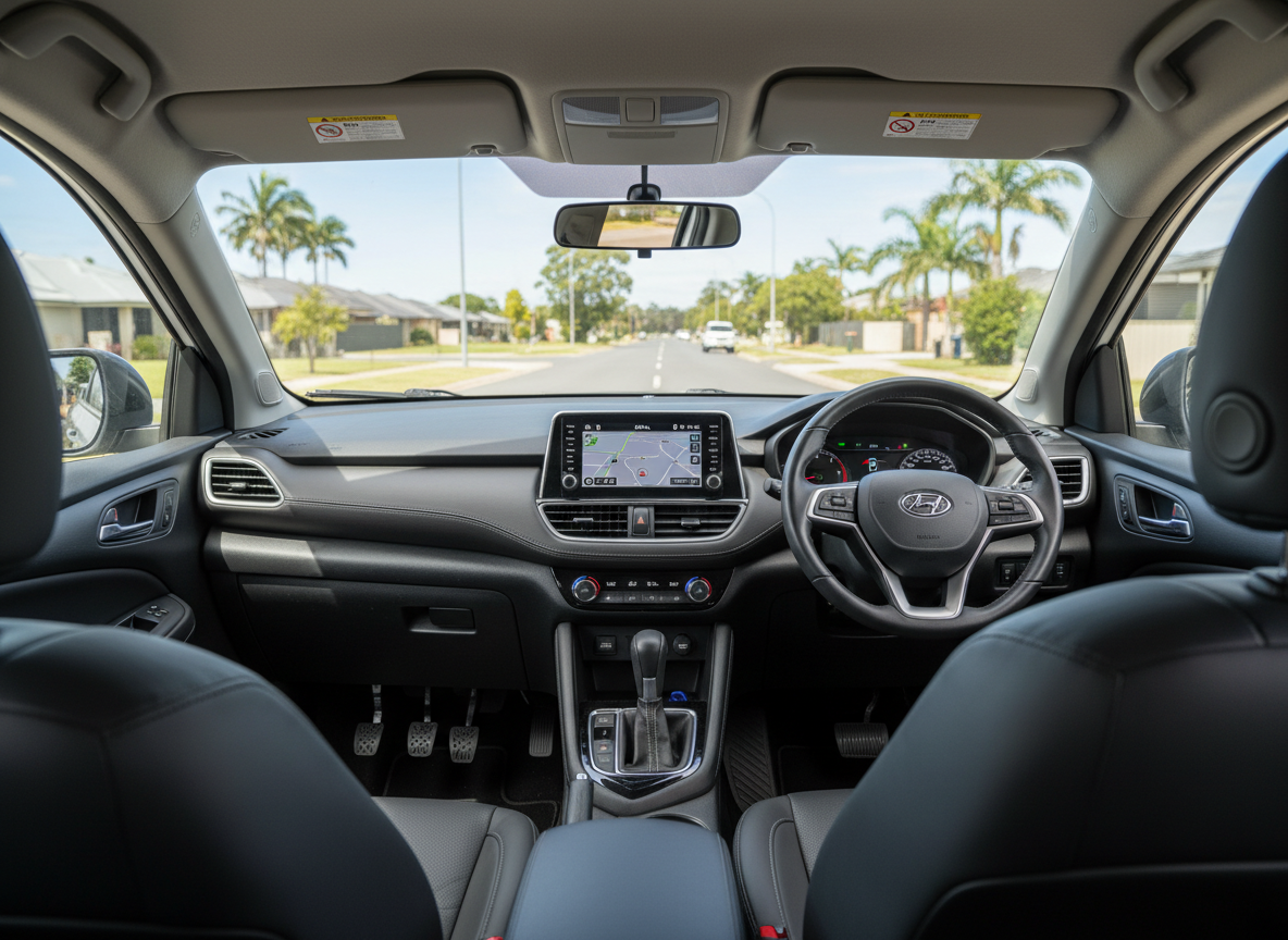 Photorealistic interior of a modern dual-control learner vehicle in Australia, steering wheel clearly on the right-hand side. View from back seat showing right-hand drive steering wheel, dashboard, clean instrument cluster, dual-control pedals visible on passenger side, instructor brake pedal, bright natural daylight coming through windshield, subtle suburban Darwin street visible outside, professional and trustworthy atmosphere, high detail, realistic photography.